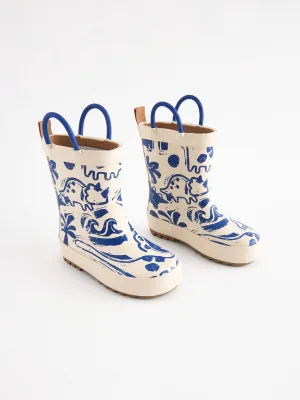 Cream Dinosaur Handle Pull-On Wellies