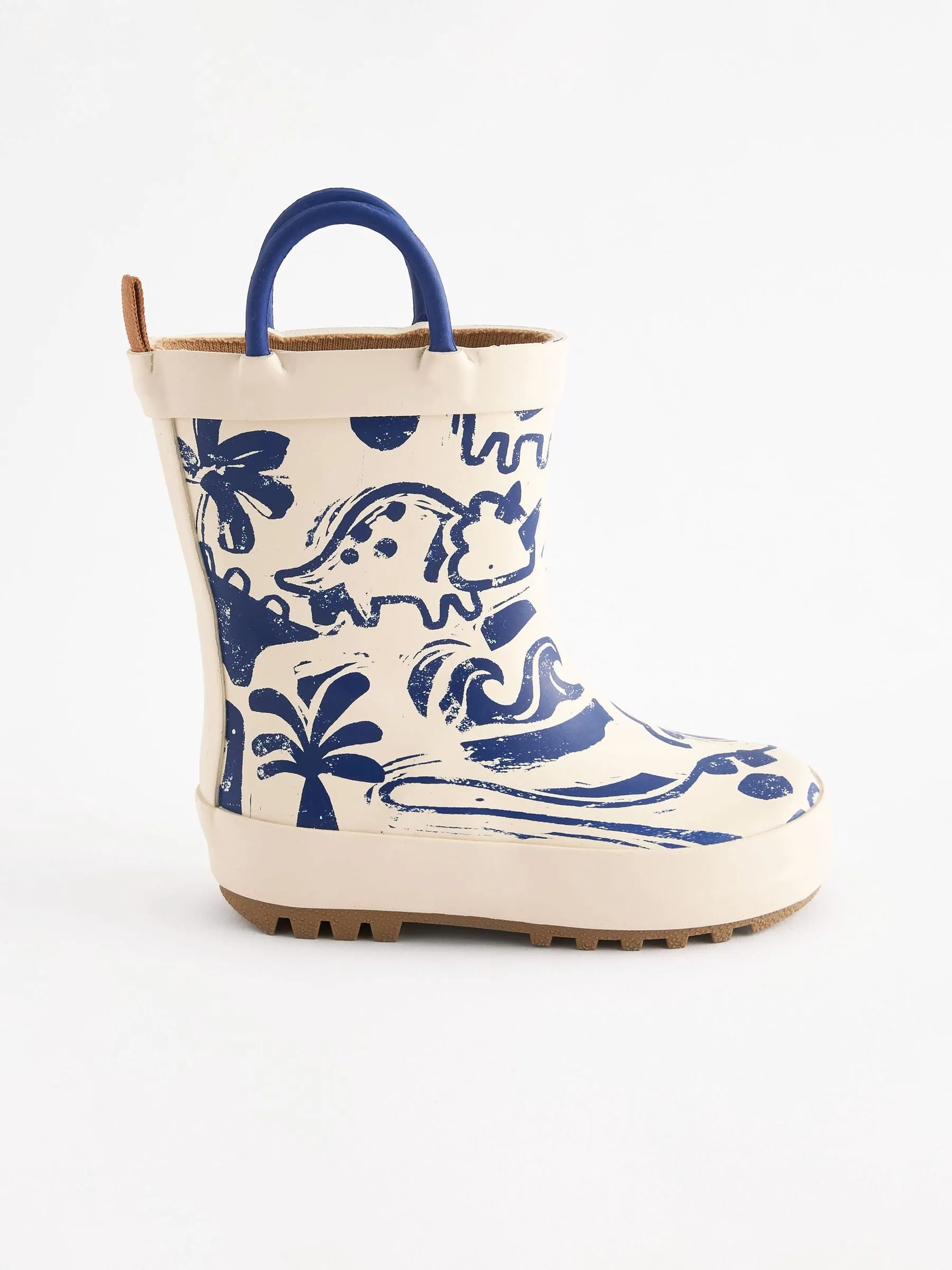 Cream Dinosaur Handle Pull-On Wellies