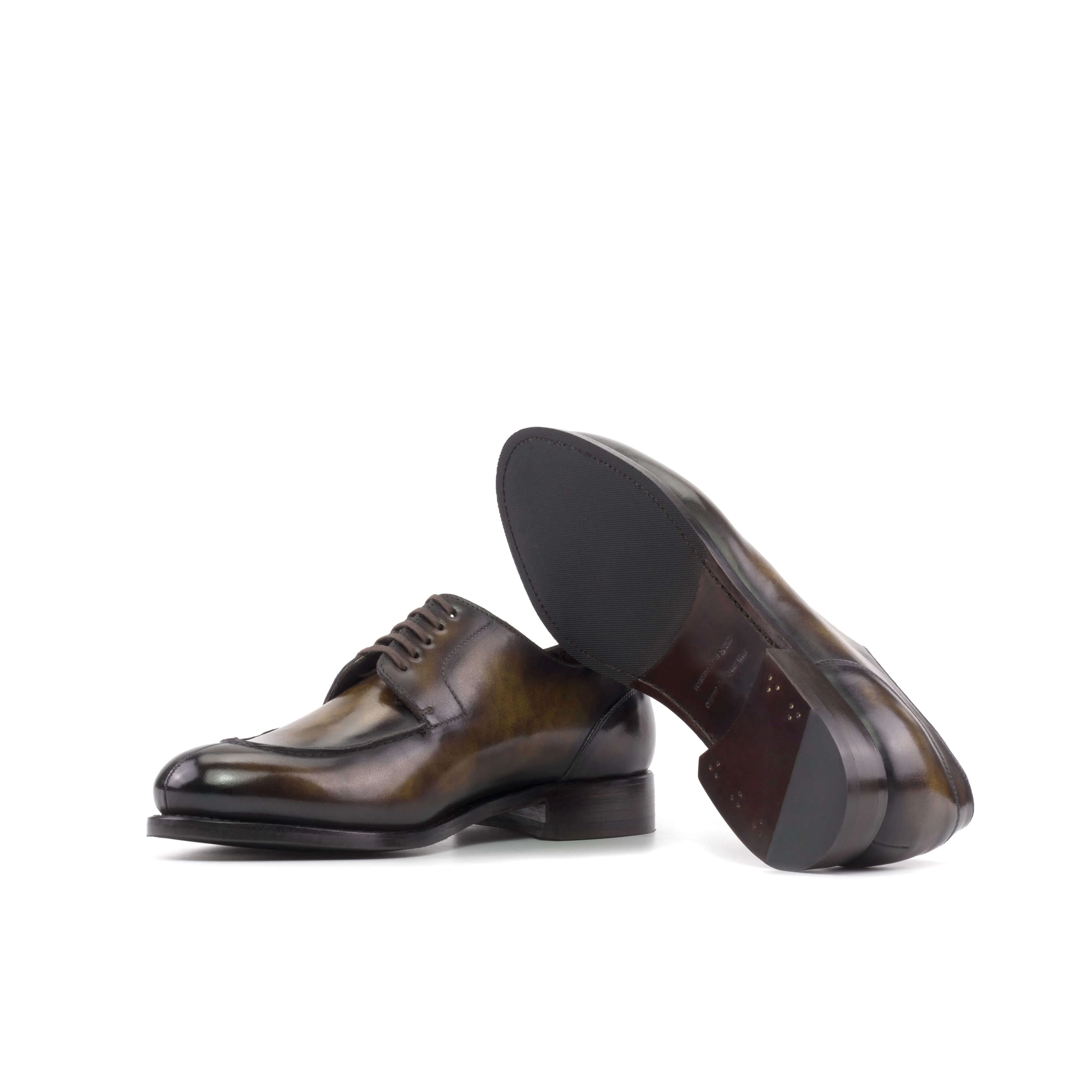 Custom Split Toe Brown Derby Shoes – Handcrafted Tobacco Patina Leather.