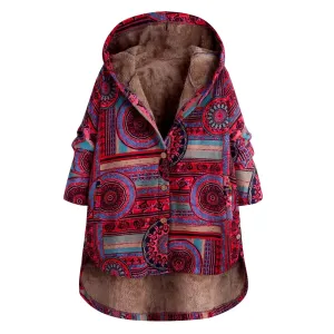Womens Winter Clothes Jackets Outwear Long Sleeve Winter Warm Hooded Casual Pattern Print Oversized Coats Red XXXL