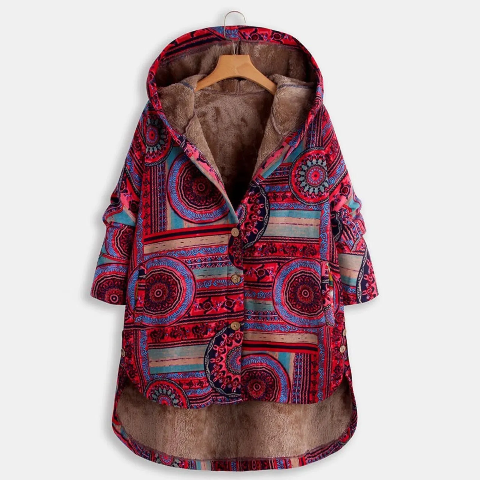 Womens Winter Clothes Jackets Outwear Long Sleeve Winter Warm Hooded Casual Pattern Print Oversized Coats Red XXXL